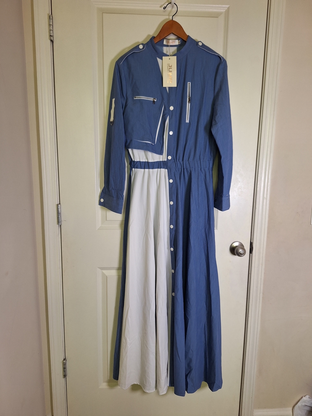 JUMP Barcelona Denim Colorblock Utility Maxi Dress Two Tone European Size M - Picture 3 of 11